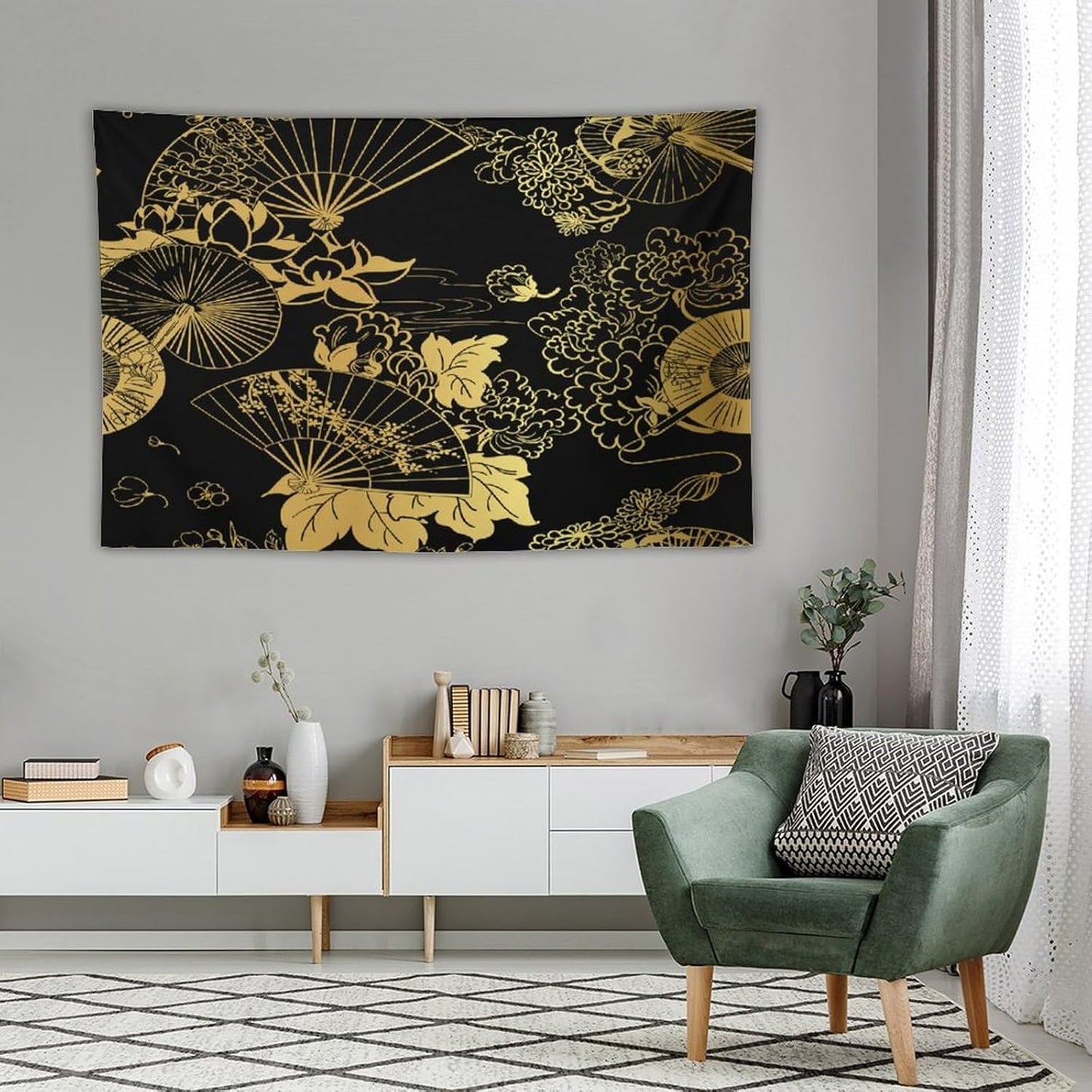 HZOHNAGO Japanese Tapestry Gold Flowers Umbrella Fan Pattern Printed Wall Tapestry Painting Wall Hanging for Bedroom Living Room Dorm 90" W x 60" H