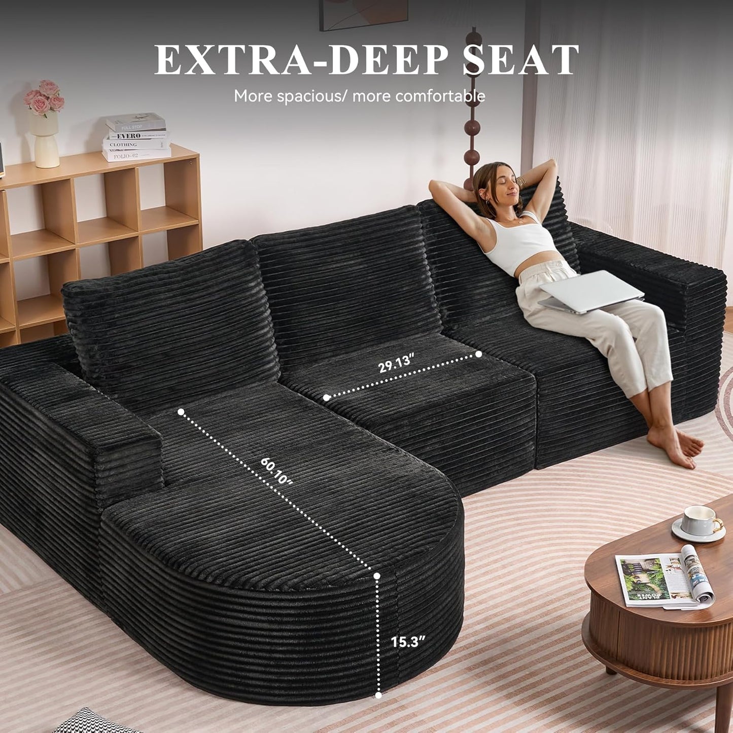 Modular Sectional Sofa with L-Shape Chaise,Cloud Sectional Modern Sleeper Couch with Deep Seat,Sponge Compression Sofas No Assembly Required(Plush Corduroy Fabric) 1PCS