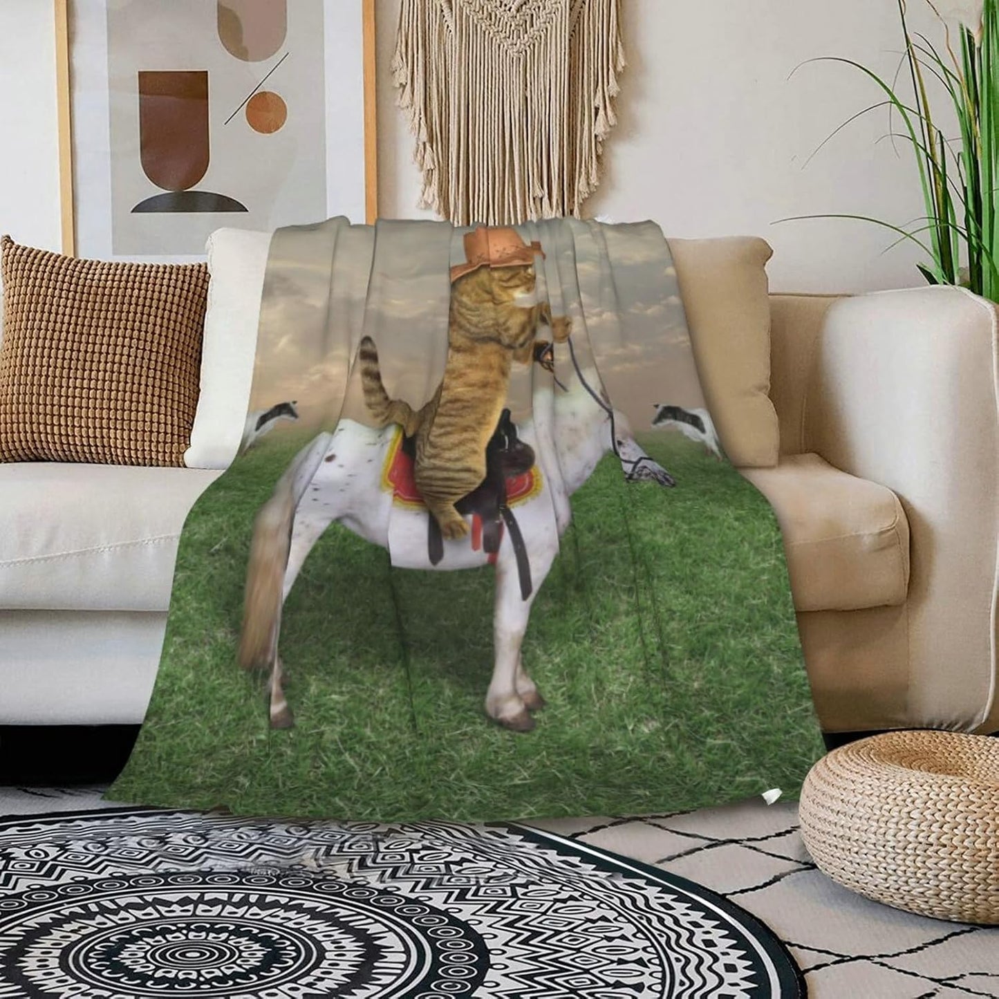 HGOD DESIGNS Funny Cat Throw Blanket Ultra Soft Warm All Season The Cat Cowboy on a Horse Decorative Fleece Blankets for Bed Chair Car Sofa Couch Bedroom 40"X50"
