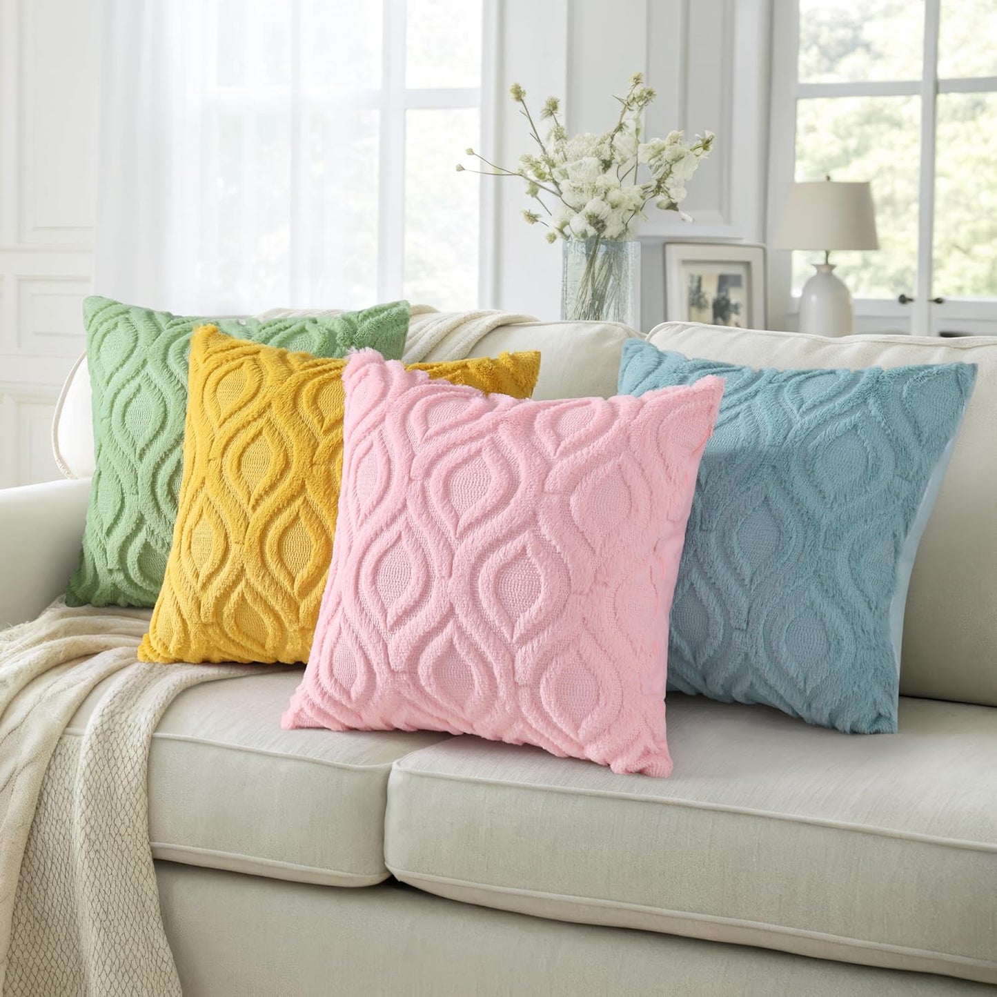 decorUhome Fall Throw Pillow Covers 20x20 Inch Set of 2, Soft Plush Decorative Faux Fur Aqua Solid Couch Pillow Covers, Accent Farmhouse Neutral Square Euro Pillow Cases for Sofa Bed Living Room