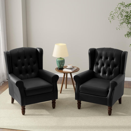 Accent Chair, Upholstered Armchair with Button Tufted High Back & Solid Wood Legs, Comfy Wingback Reading Single Sofa Chair for Small Spaces, Living Room, Bedroom (Leather Black, Set of 2)