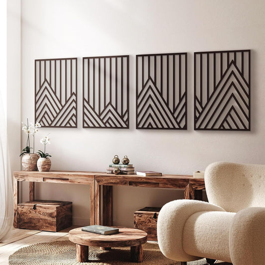 Glamativity 4 Pack Black Abstract Metal Wall Art, Minimalist Décor Single Line Art Wall Décor, 3D Textured Metal Wall Sculptures, for Living Room Bedroom Bathroom Study Room (Mountain Line, M Size 17 x 12'')