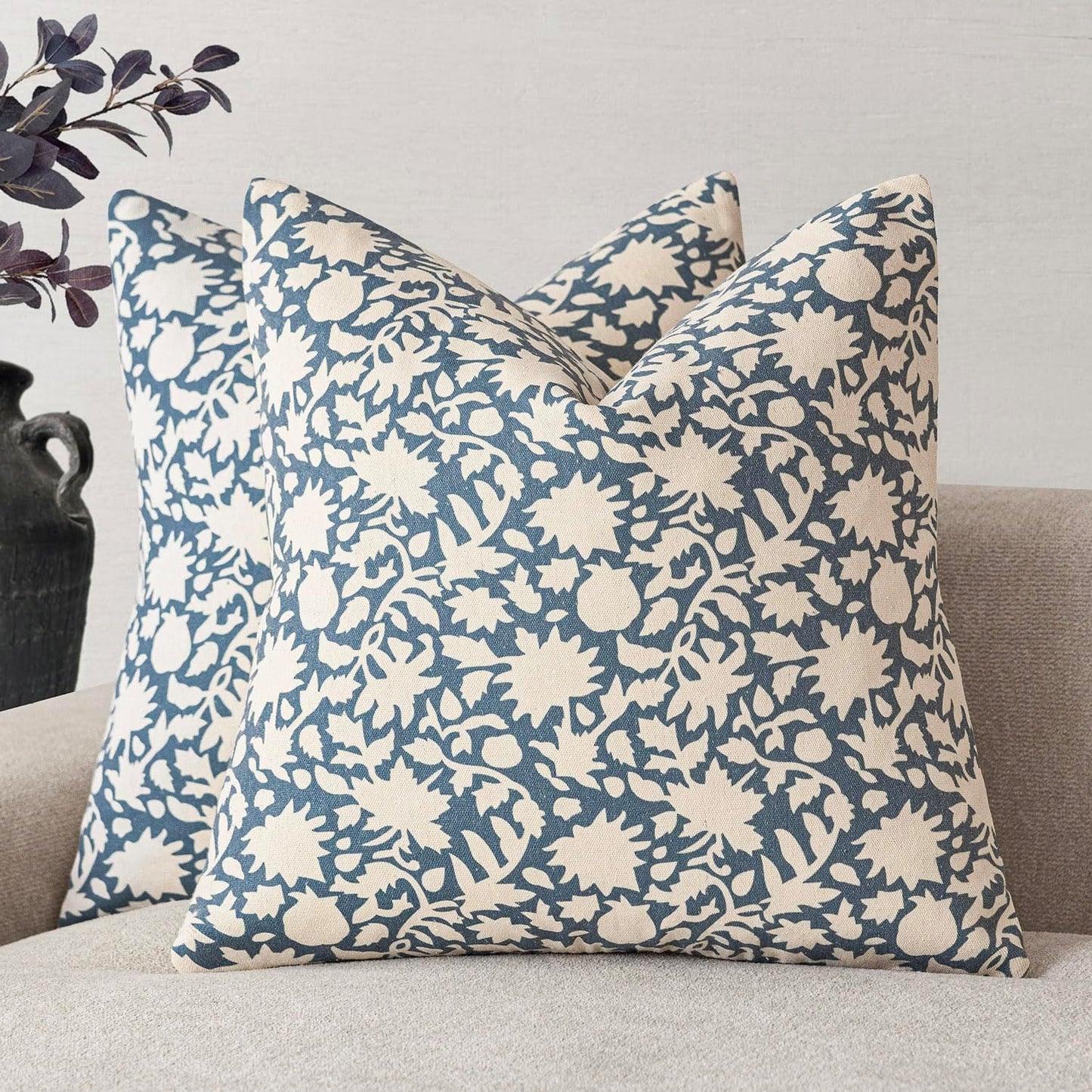 Foindtower Set of 2 Decorative Neutral Floral Throw Pillow Covers Accent Farmhouse Cushion Covers Boho Vintage Pillowcase for Couch Sofa Bedroom Living Room Home Decor Outdoor,24×24 Inch,Dusty Blue