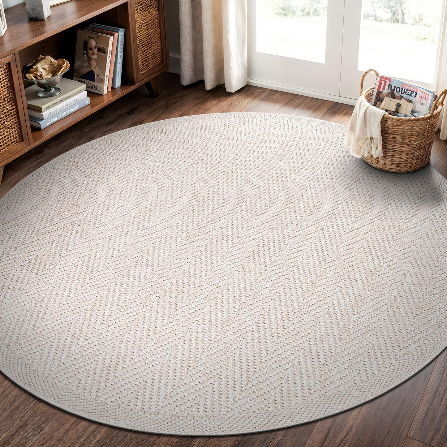 CAMILSON Easy Jute Round Rug 6ft Indoor Outdoor Off-White Color Fiber Area Rugs for Living Room and Patio Rug Herringbone Boho Woven Design Easy-Cleaning Washable Outside Carpet Alfombras (6 Round)
