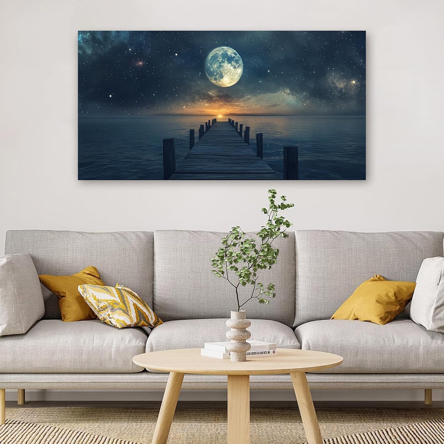 Canvas Wall Art Decor Modern Wall Art Pictures for Living Room Landscape Coastal Wall Art Artwork for Walls Natural Blue Wall Decor Art Prints Star Moon Art Work for Home Office Wall Decor 20" x 40"