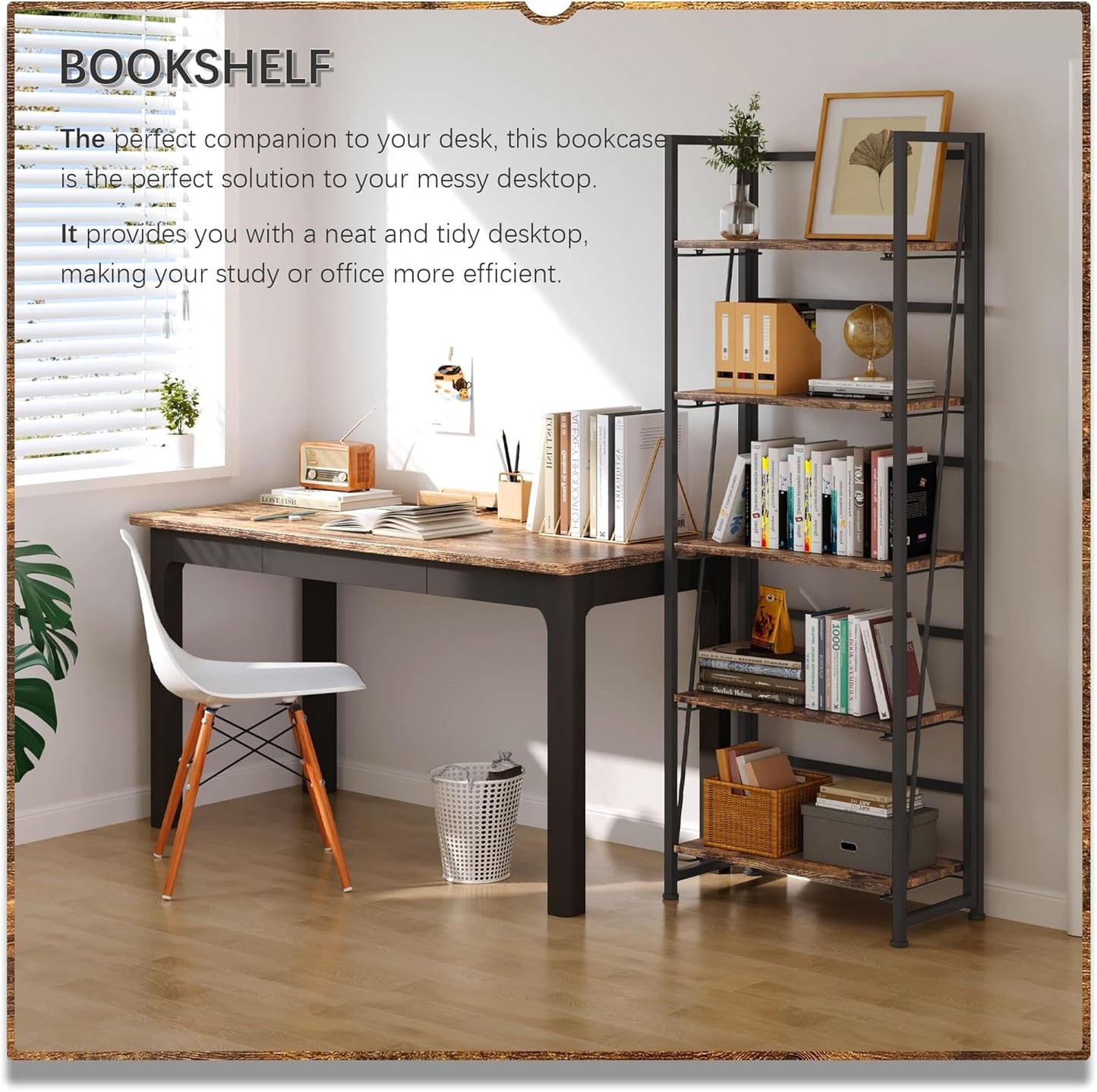 4NM No Assembly Foldable Bookshelf, 5-Shelf Collapsible Bookcase Storage for Small Spaces, 62.2" H, Rustic Brown and Black