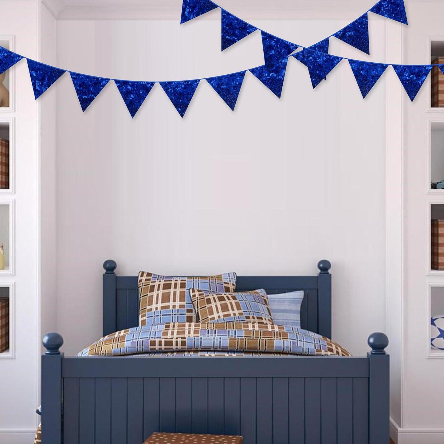 pinkblume Royal Blue Decorations Double Sided Sequin Navy Blue Fabric Triangle Pennant Banner Flag Bunting Garland for Blue Nautical Ahoy Achor Theme Nursery Classroom Home Bedroom Wall Decor