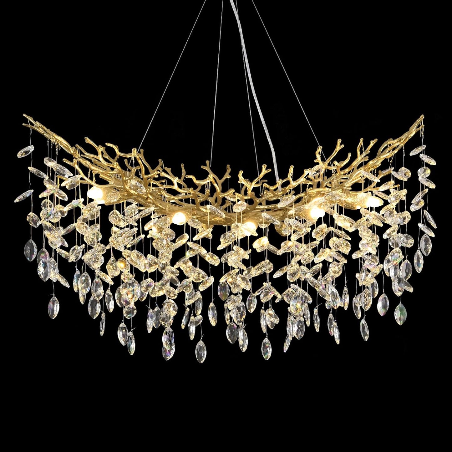 Modern Crystal Gold Chandelier, 36" Large Rectangular Oval Tree Branch Crystal Chandeliers for Dining Room,16-Light Flush Mount K9 Crystal Chandeliers, for Kitchen Island,Dining Room