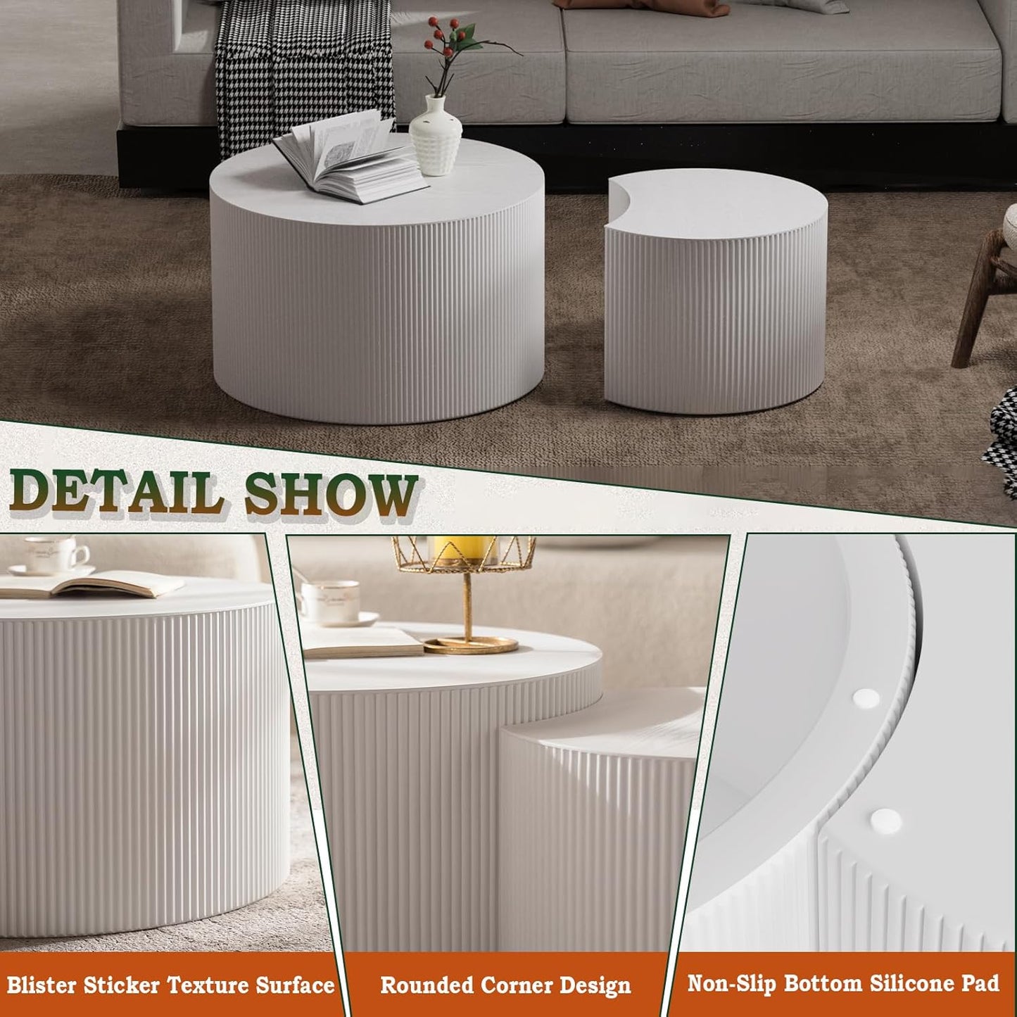 Round Nesting Coffee Table Modern Fluted Coffee Table Set of 2 Circle Drum Coffee Tables Small Round Accent Side End Table for Living Room No Assembly (White B 27in)