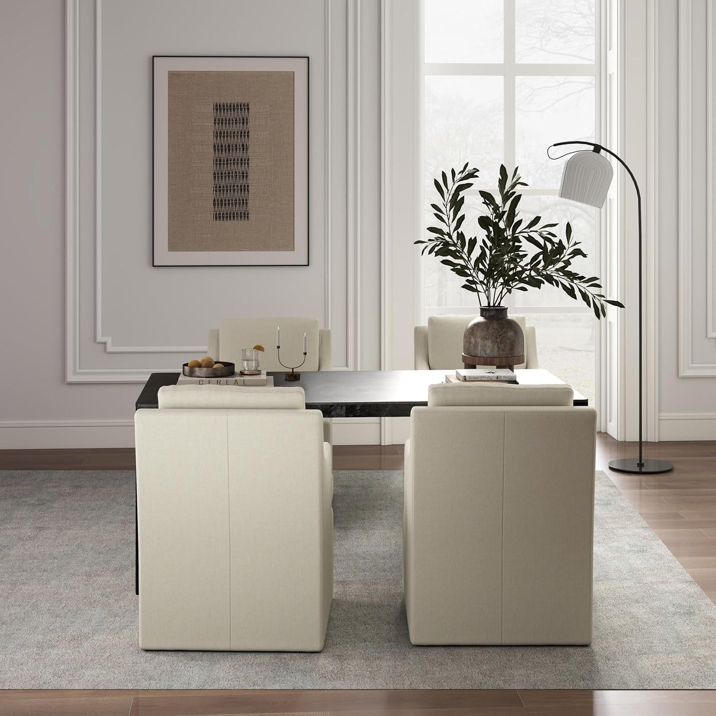 VKNOW Upholstered Dining Chairs Set of 4, Modern Kitchen Chairs Dinner Chairs with 4 Casters, Linen Armchair for Bedroom Reading Room Living Room, Beige