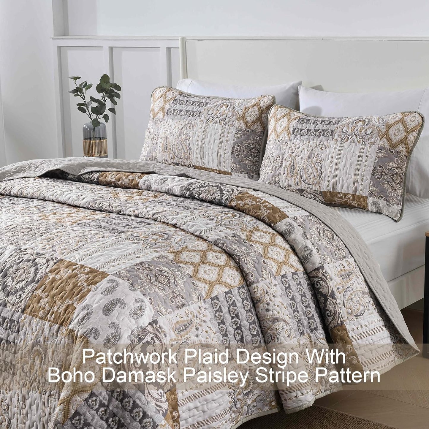 WONGS BEDDING Brown Quilt Set King Size, Patchwork Plaid Bedspread Bedding Sets Paisley Soft Microfiber Quilts for King Bed 3 Pieces Coverlet Set for All Season (104"x90")