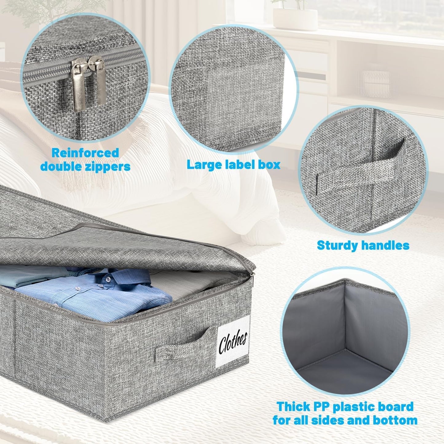 Under Bed Storage Container Bin 3 Pack, Low Profile Foldable Underbed Clothes Storage Organizer W/ Ultra Thick Fabric and Sturdy Bottom/Sides, Dual Zipper Storage Box for Dorm and Home 30x16x6.7"