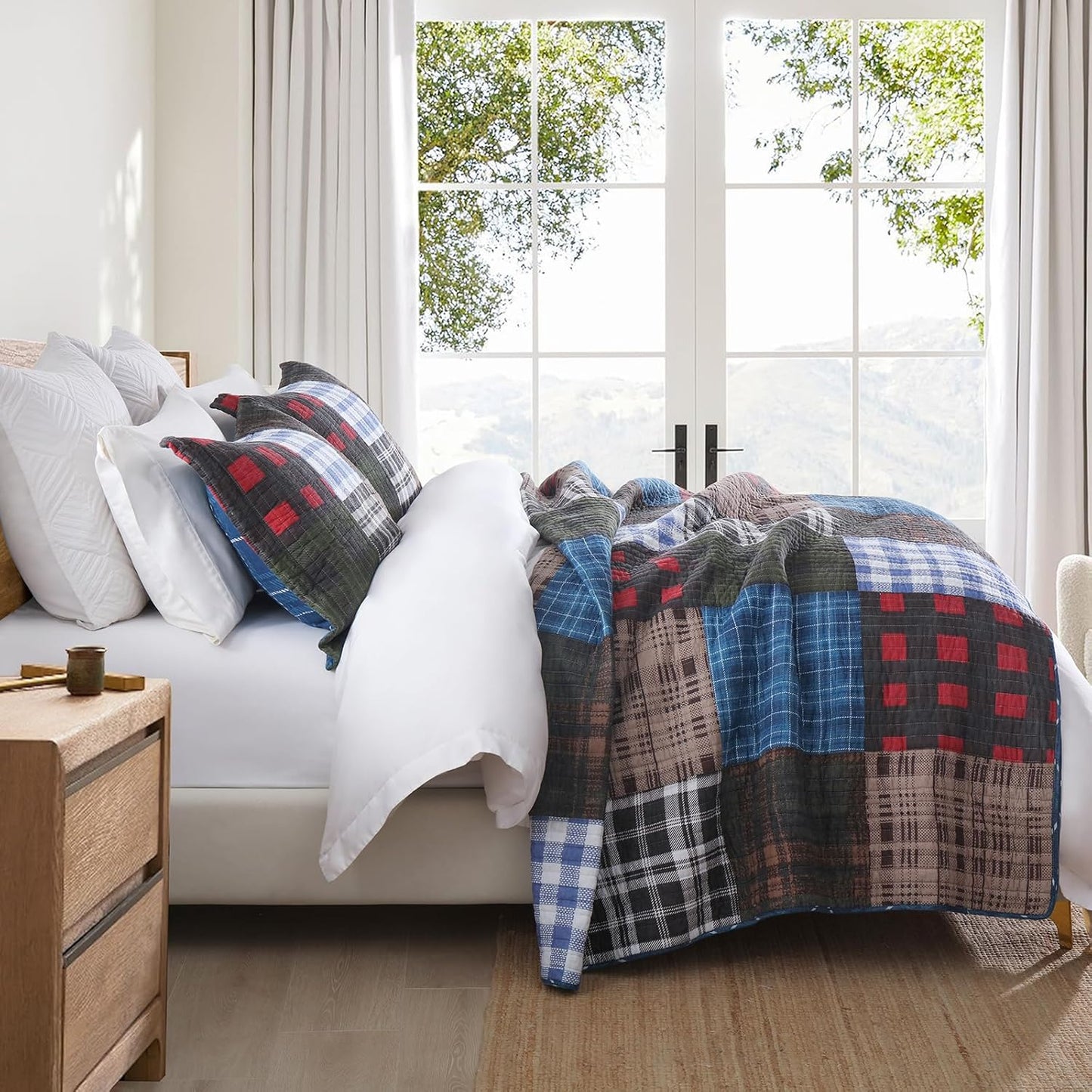 NEWLAKE Quilt Set Queen Size, Cotton Patchwork Blue Black Checkered Patterns Quilt Sets, Reversible Bedspread Lightweight and Breathable for All Seasons, Soft Quilted Bedspread with 2 Pillow Shams