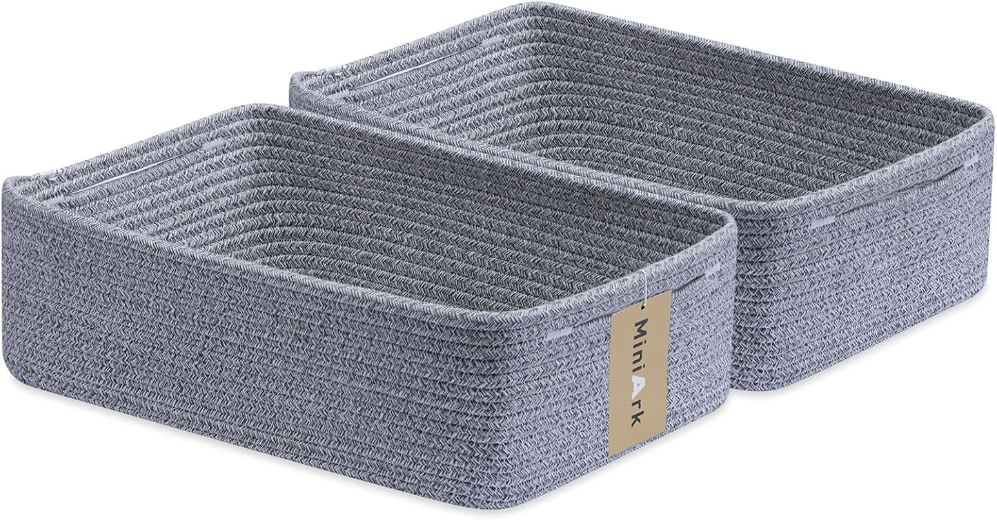 Large Shallow Organizing Baskets 15x11x5.1 Inches - Rope Woven Storage Bins for Bathroom, Shelves, Cube Closet, Mixed Grey 2 Packs