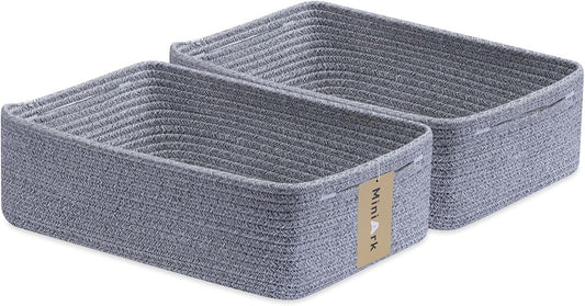 Large Shallow Organizing Baskets 15x11x5.1 Inches - Rope Woven Storage Bins for Bathroom, Shelves, Cube Closet, Mixed Grey 2 Packs
