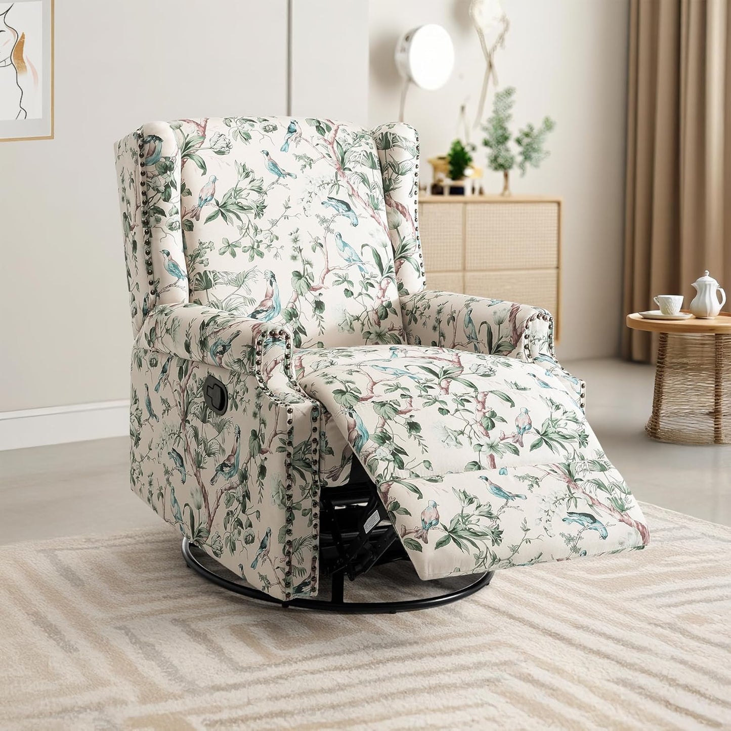 UIXE Swivel Rocker Manual Recliner Chairs Set of 2, Wingback Swivel Glider Fabric Nursery Reclining Sofa Chair, High Back Upholstered Arm Chair for Living Room Bedroom - Bird Pattern