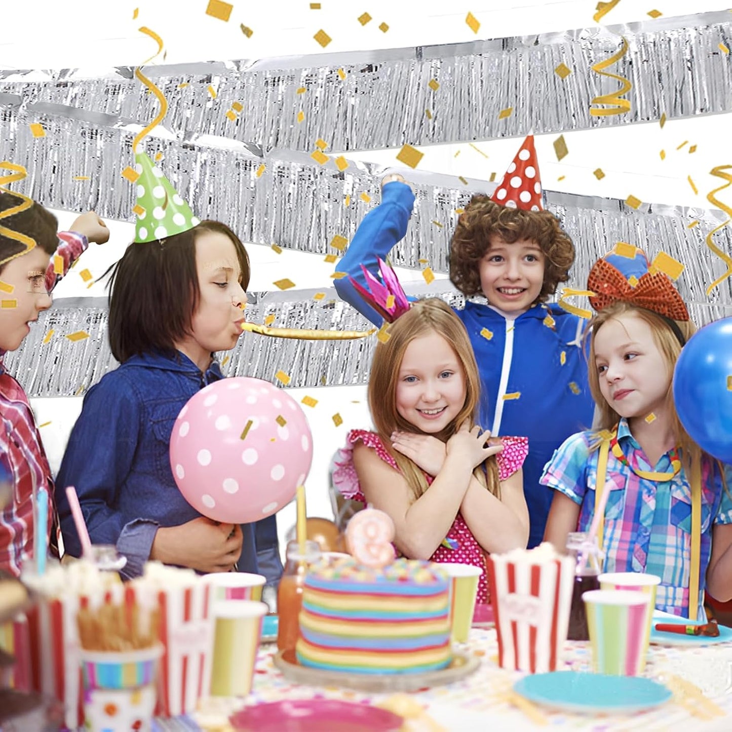 Silver Foil Fringe Garland 10FT 6packs, Metallic Foil Tinsel Fringe Banners for Parade Float Decorations Wedding, Birthday Party Graduation (six Silver)