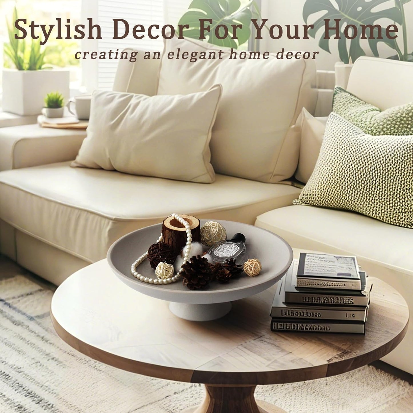 Modern Resin Pedestal Decorative Bowl, Large Fruit Bowl for Kitchen Counter, Stylish Key Bowl for Entryway Table, Grey