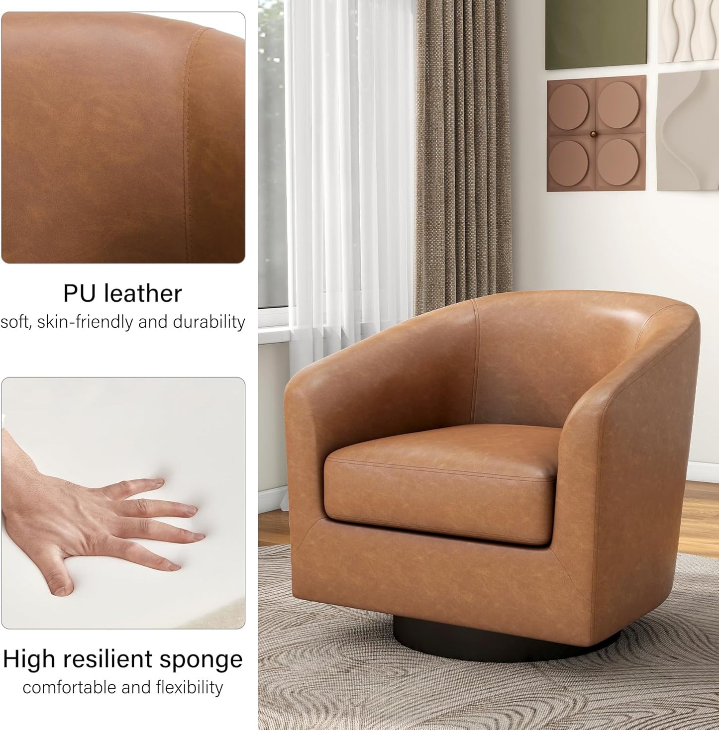 Swivel Barrel Accent Chair, Modern Round Faux Leather Arm Chair for Living Room, Bedroom, Comfy Club Reading Chairs for Adults, Faux Leather Brown, Set of 2