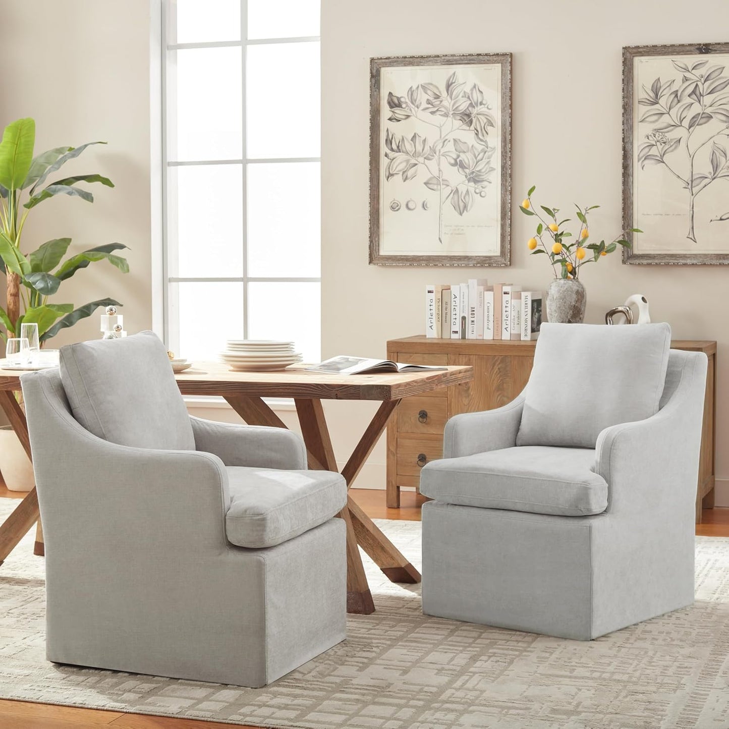 VKNOW Upholstered Dining Chairs Set of 2, Modern Kitchen Chairs Dinner Chairs with 4 Casters, Linen Armchair for Bedroom Reading Room Living Room, Light Grey