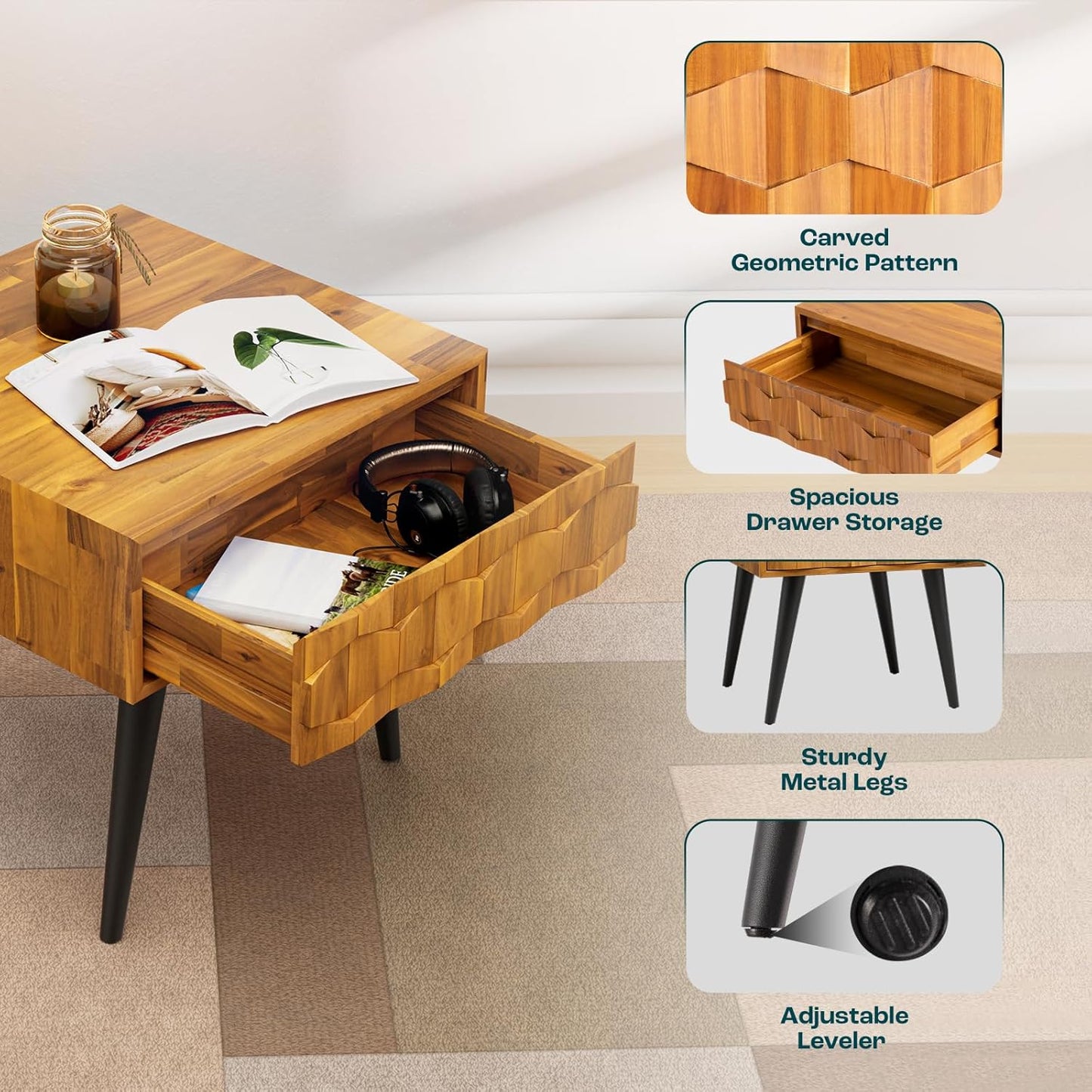 Bme Georgina Solid Wood Nightstands with Drawers - Fully Assembled Rustic Geometric Pattern Bedside Cabinet - Mid Century Modern Side Table for Living Room, Bedroom