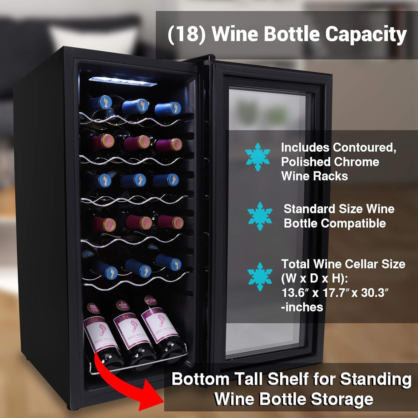 Nutrichef 18 Bottle Slim Wine Fridge | Red & White Wine Chiller | Adjustable Temperature Control 41°F to 64°F | Ultra Quiet Operation | Mini Wine Cooler for Home & Office, 30x13x17 IN
