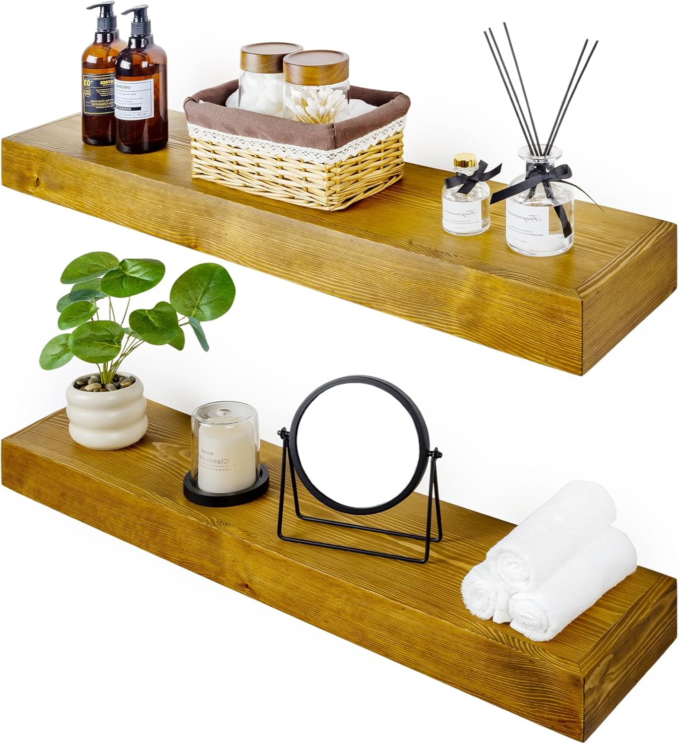 Floating Shelves 3 inch Thick for Wall Set of 2,Solid Pine Wood Wall Mount Shelf for Kitchen Living Room Bedroom Bathroom,8" D x 24" L x 3" H-Gold Oak