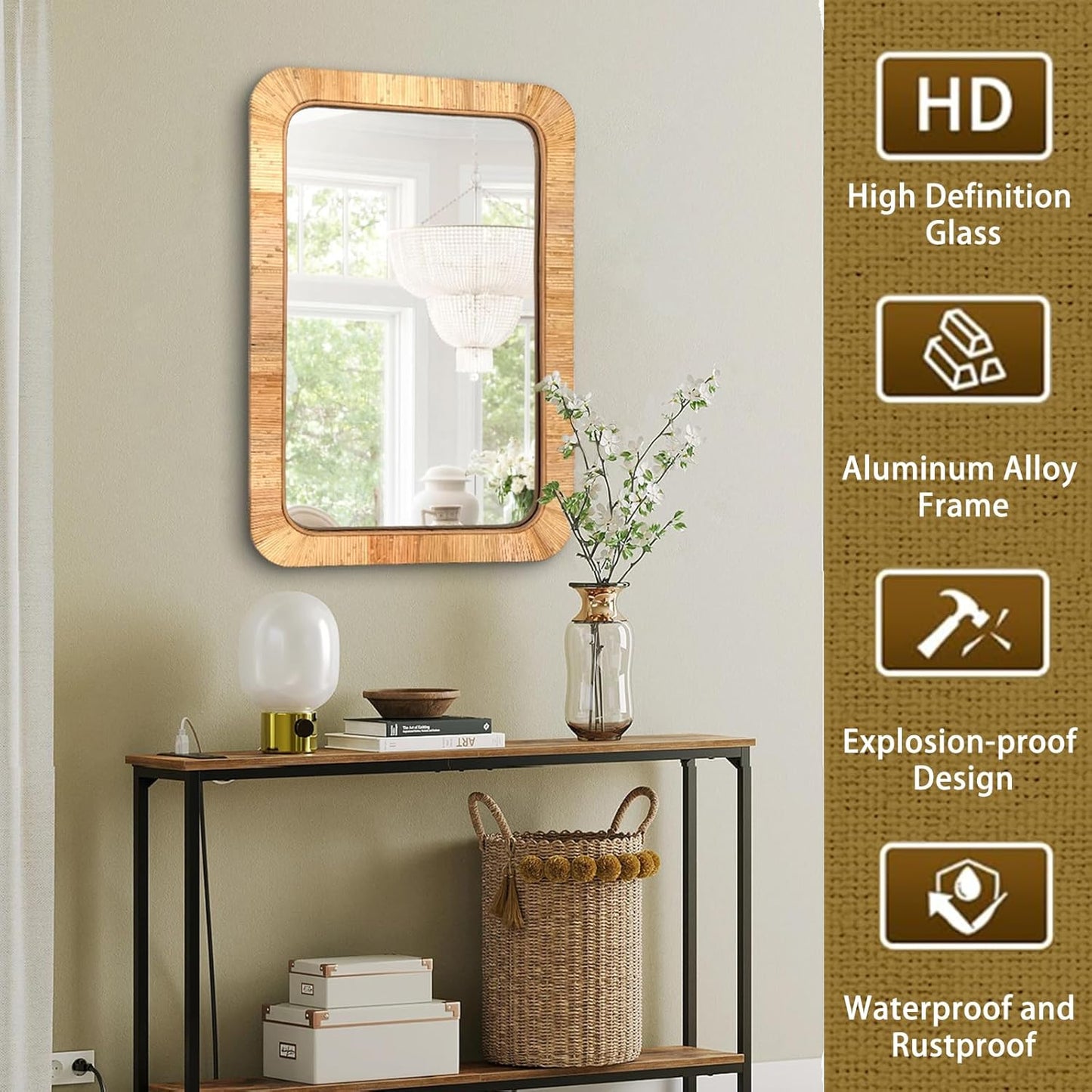 24x36 inch Rattan Rectangular Mirror for Wall, Bohemia Bathroom/Farmhouse Boho Mirrors, Vanity Irragular Decorative Mirror, Suitable for, Nursery, Bedroom, Living Room, Home Decoration