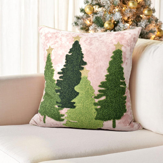 Christmas Tree Pillow Covers 18x18, Embroidered Throw Pillow Covers for Holiday Decorations, Pink Blush Green Velvet Cushion for Home Couch