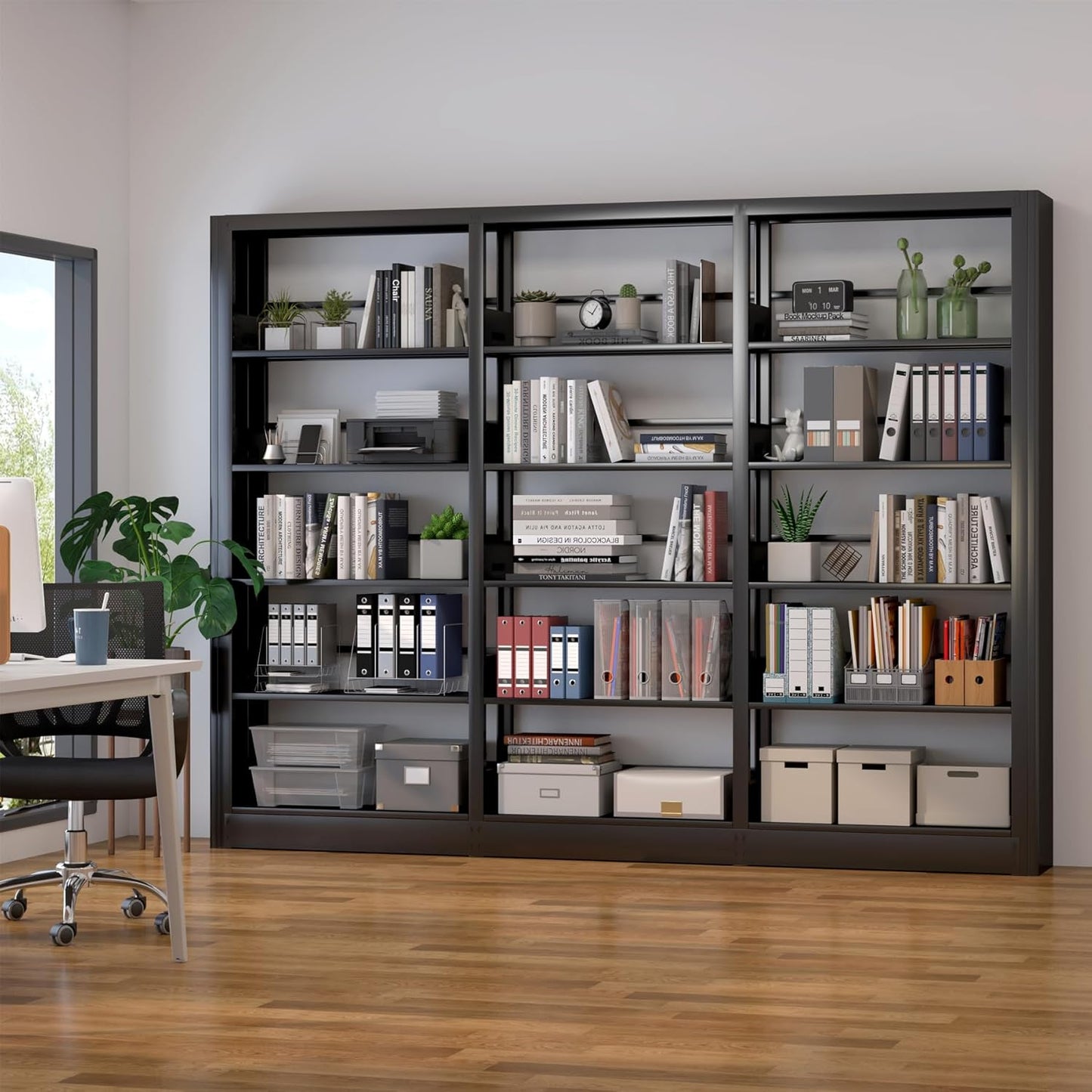 5-Tier Industrial Bookshelf, White Bookcases and Bookshelves,Tall Metal Book Shelf Storage Organizer,Freestanding Bookshelf for Living Room,Home Office (Black, Shelf-4)