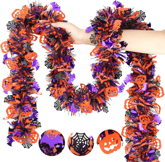 Halloween Tinsel Garland Decorations, 36.75 Ft Shiny Metallic Halloween Hanging Decorations with Pumpkin Bat Spider Web, Purple and Orange Tinsel Garland for Outdoor Indoor Home Tree Party Decor