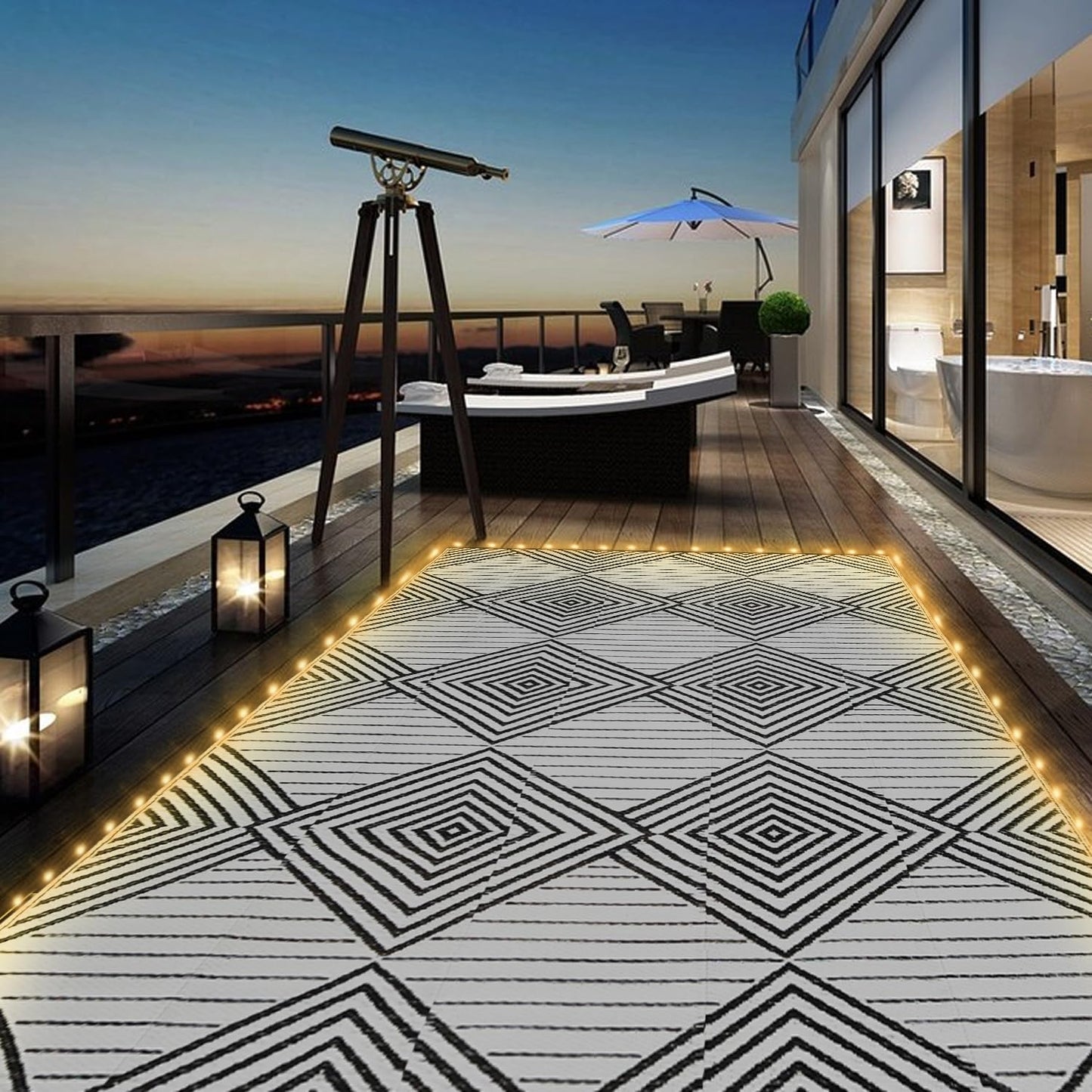 8x10ft Waterproof Outdoor Rug with LED Lights, Foldable Reversible Plastic Straw Mat for Patio RV Camping Picnic Balcony Beach Deck Indoor Outdoor Carpet, Black&White