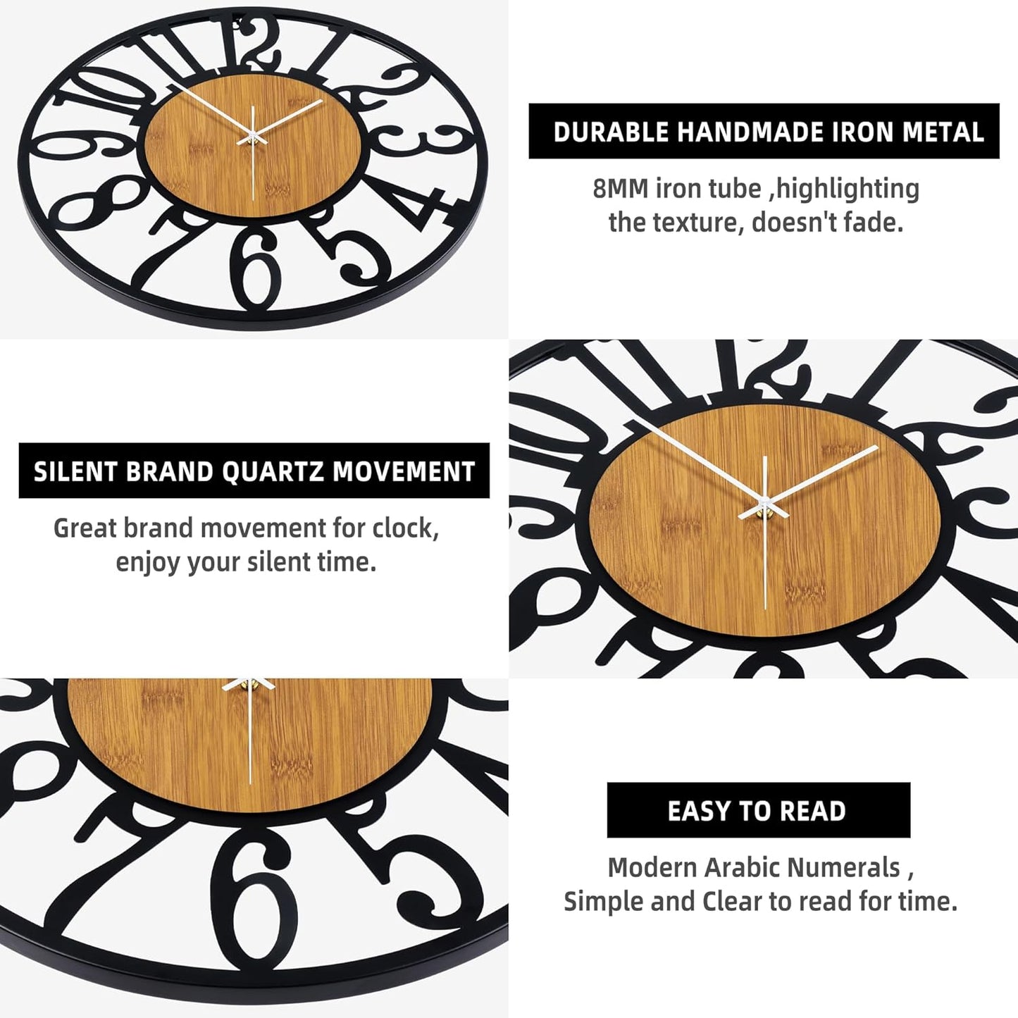 LEIKE 30" Oversized Large Wall Clocks,Silent,Non Ticking,Battery Operated Modern Round Big Wood Decorative Metal Wall Clock for Living Room, Bedroom,Kitchen,Farmhouse,Office Decor - Black,30 Inch
