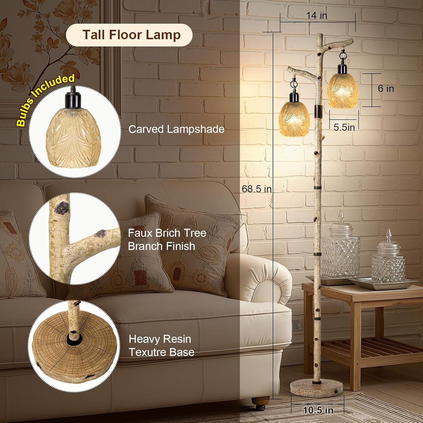 Scenekoy Retro 68.5” Tall Floor Lamp With Carving Shade, Farmhouse Resin Standing Lamp & Faux Birch Tree Finish, Dimmable Corner Lamp Stand Up Light with Bulb Prefer for Living Room Bedroom Home Decor