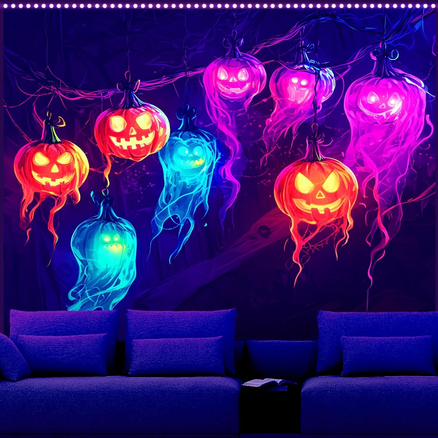 AOHMPT Glow-in-the-Dark Halloween Tapestry - UV Reactive Black Light Wall Hanging Decor for Spooky Parties, Bedroom, Living Room (Jack-o'-lantern, 59" L x 51" W, Unframed)