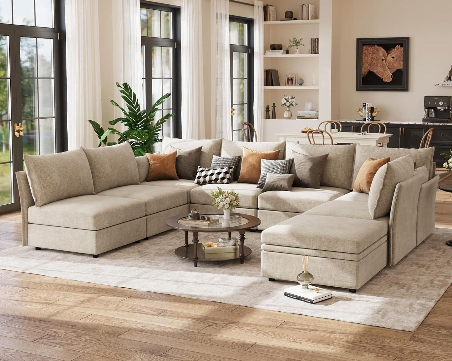 134.6" Modular Sectional Sofa, U Shaped Couch Set for Living Room, Large 8-Seater Comfy Cloud Couches with Movable Storage Ottoman,DIY Combination - Chenille Beige