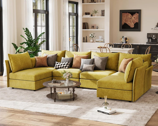 134.6" Oversized Modular Sectional Sofa, Large 6 Seater U Shaped Couch Deep Seat for Living Room, Apartment - Chenille Yellow