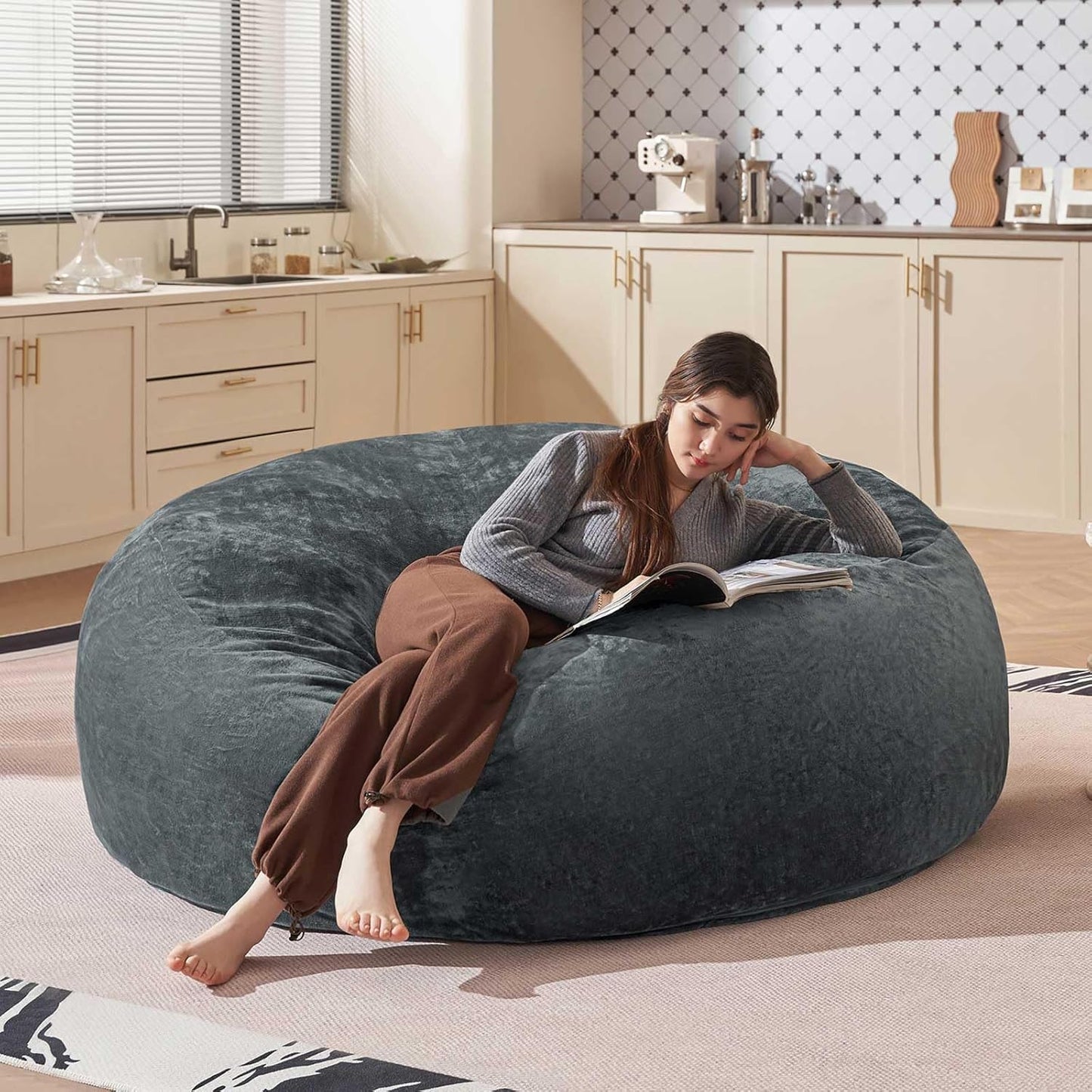 Bean Bag Chair 5Ft, Memory Foam Filled, Large Beanbag Chairs for Adults and Teens, Soft Sofa with Removable Flannel Cover, Round Couch for Living Room Bedroom College Dorm (Dark Gray, 5FT-60×60"×24")