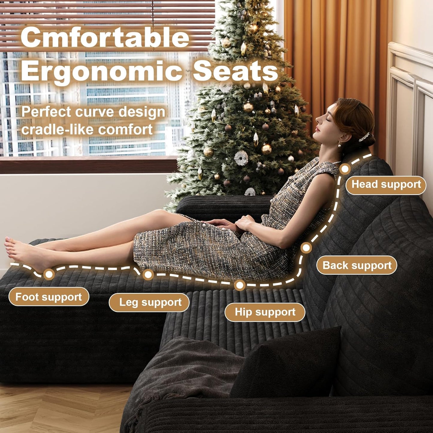 108" Sectional Couches for Living Room Modern Modular Sofa with L-Shape Couchs Upholstered Boneless Couch Deep Seat Sectional Couch with Chaise (Black, Left Facing Chaise+2Seaters)