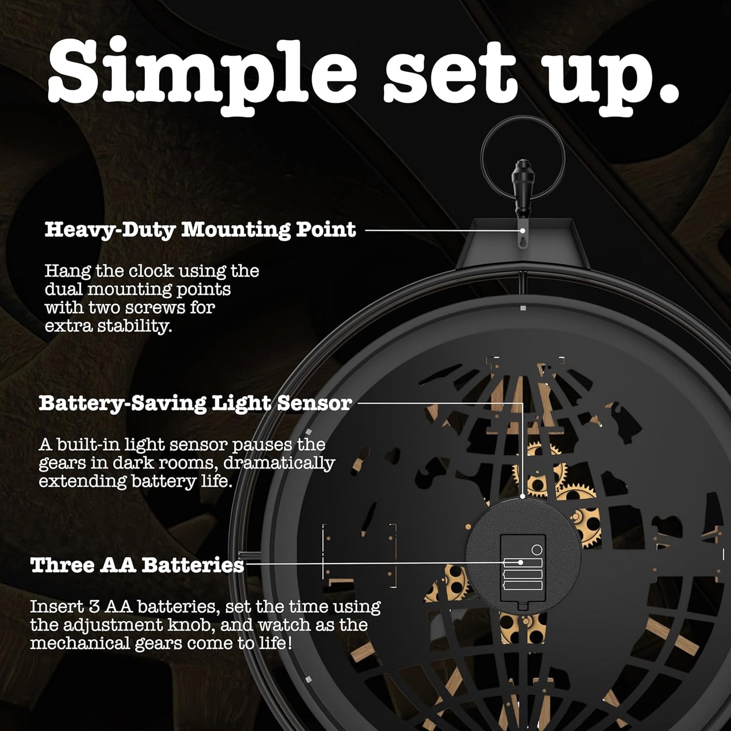 Driini 18 Inch Large Rustic Farmhouse Gear Clock with Moving Gears – Vintage Oversized Wall Clock with Iron Frame – Giant Industrial Steampunk Wall Clock for Living Room Décor (Walnut)