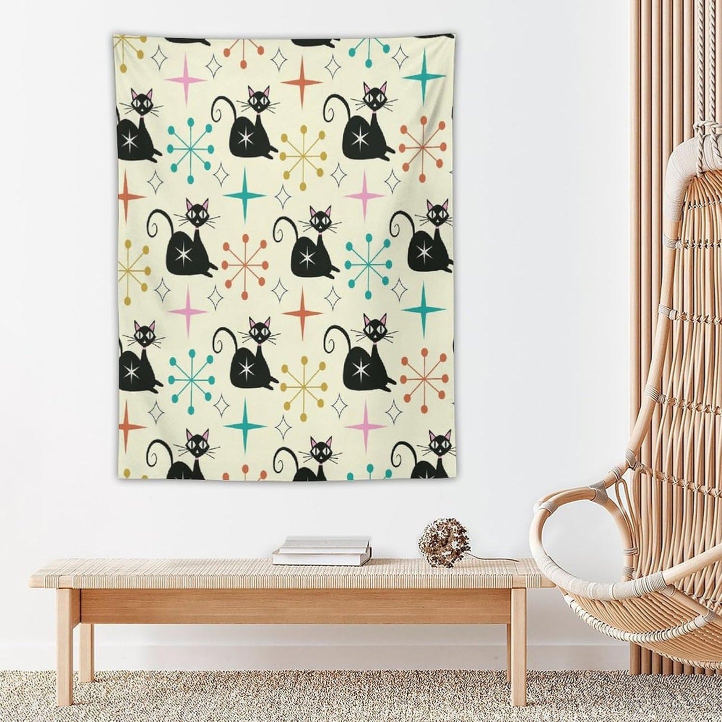 ICMOLYYENLO Abstract Cat Tapestry, Medieval Abstract Atomic Star Cat Vintage Home Wall Hanging Art Tapestry for Bedroom Living Room Dormitory 60x80 Inch