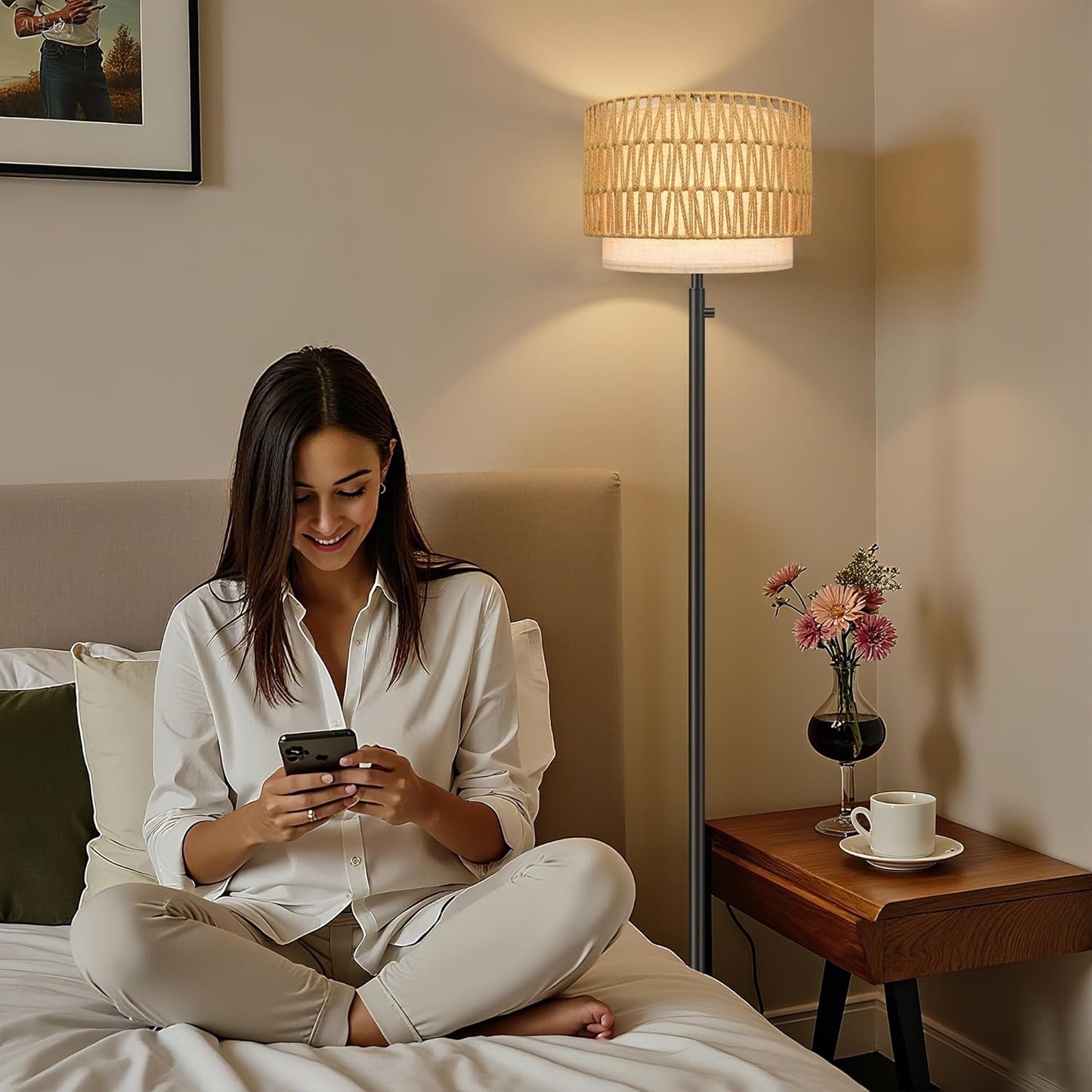 Floor Lamp for Bedroom,Dimmable Rattan Floor Lamp,Modern Standing Lamp with Marble Base,Tall Standing Lamp for Bedroom, Reading,Office & Kids' Room,LED Bulb Included(Rattan)