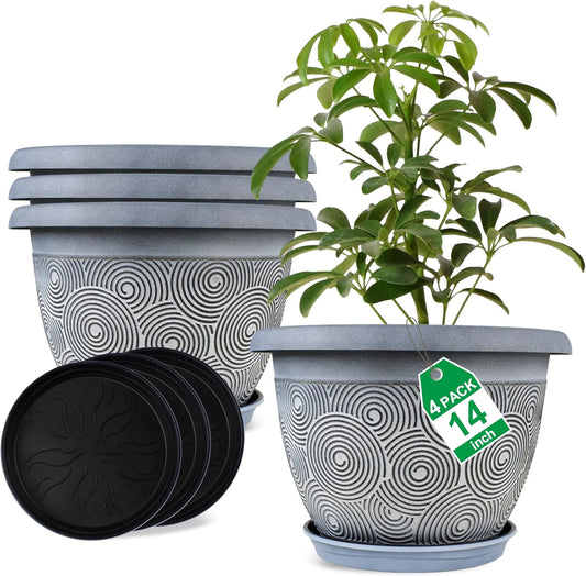 14 Inch Large Planter Pot for Plants Indoor Outdoor, 4 Pack Plastic Flower Pots with Drainage Hole & Tray, Modern Decorative Garden Pot with Saucer, Plant Container for House