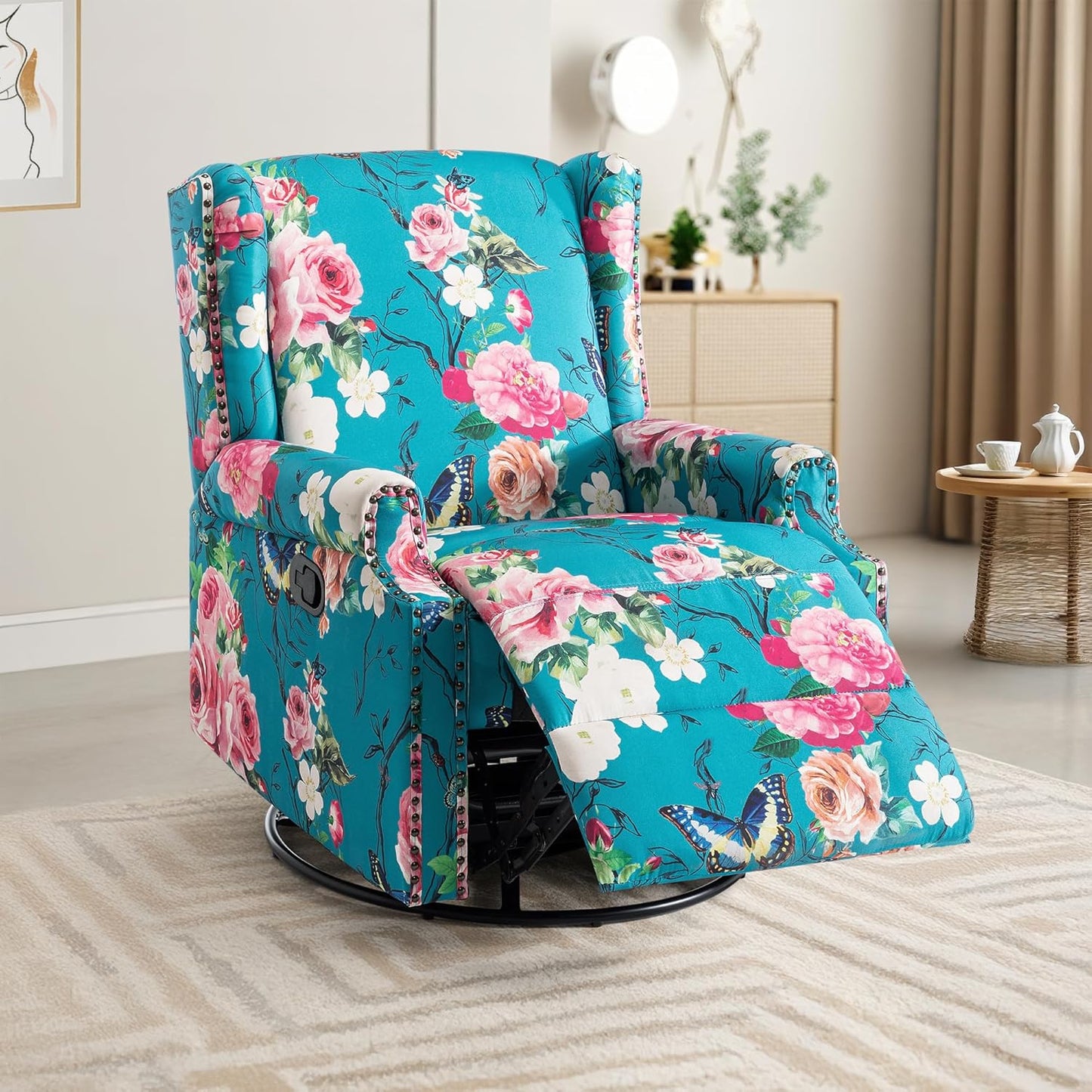 UIXE Swivel Rocker Manual Recliner Chairs Set of 2, Wingback Swivel Glider Fabric Nursery Reclining Sofa Chair, High Back Upholstered Arm Chair for Living Room Bedroom - Peacock Blue