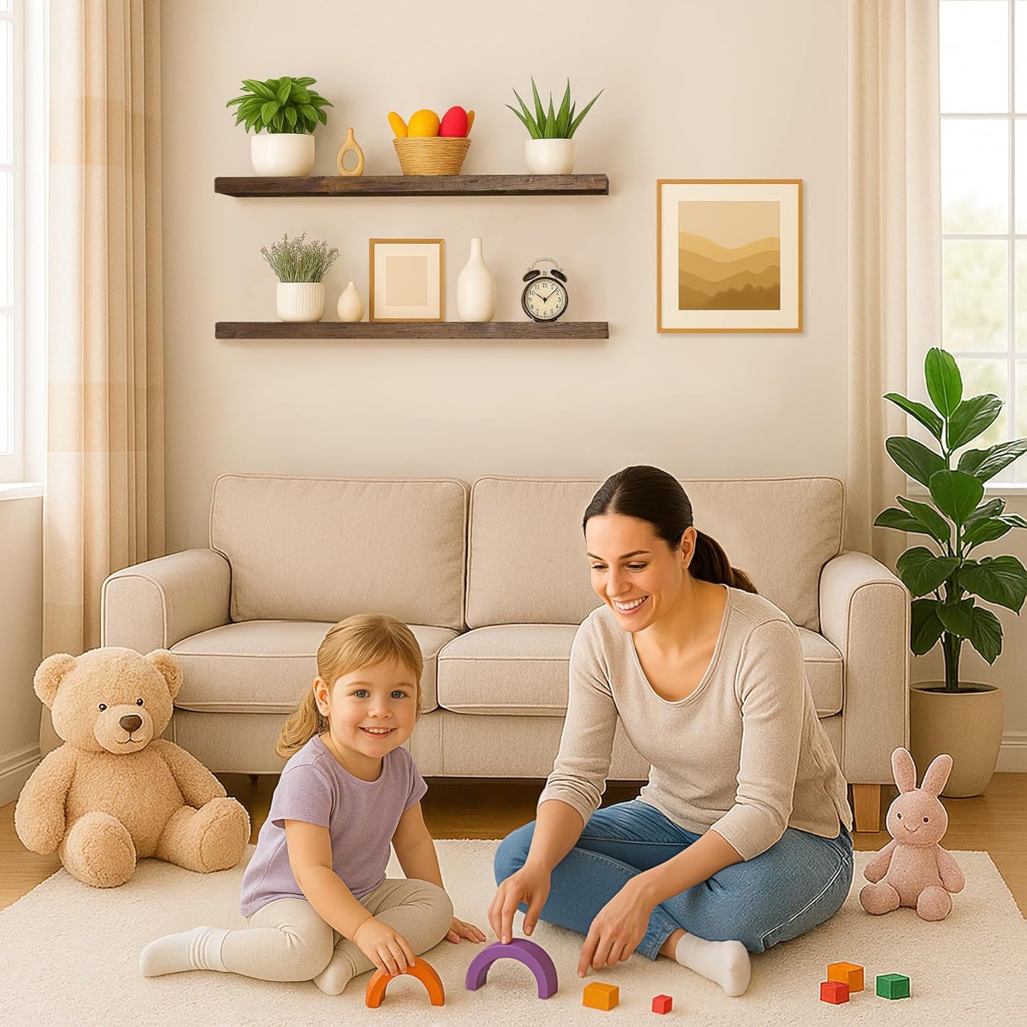 BGMG 30 inch Distressed Walnut Floating Shelves for Wall,High End Solid Real Wood 30 in Floating Shelf,Rustic Wooden Wall Mount Shelves Set of 2,Heavy Duty Bracket,30x6.7x1.25 inch