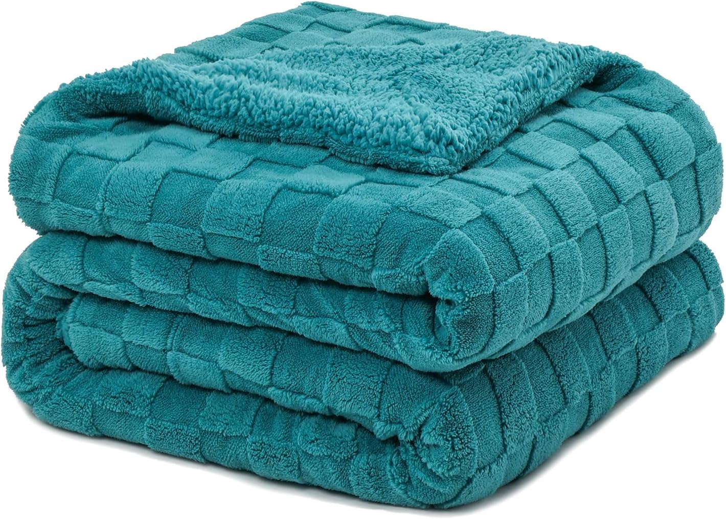 Pawque Super Soft Cozy Throw Blanket Twin Size for Couch Bed, Fluffy Sherpa Fleece Reversible Thick Warm Fuzzy Blanket for All-Season, 3D Checkered Jacquard Decorative Blankets, Teal Green, 60" x 80"