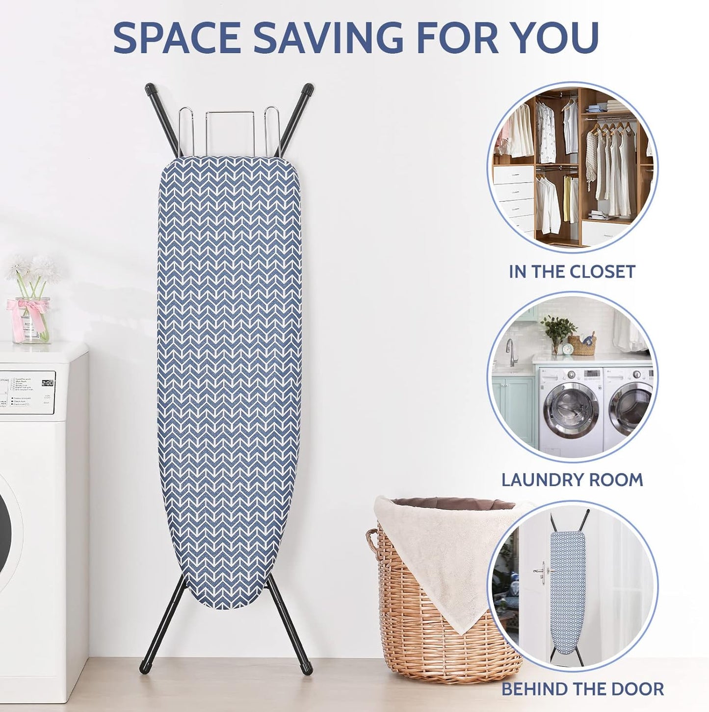 APEXCHASER Ironing Board, Full Size Iron Board with Iron Rest, lightweight Ironing Board with Height Adjustable, Extra Thick Heat-Resistant Cover with Padding, Heavy-Duty Sturdy Metal Legs, 43x13 Blue