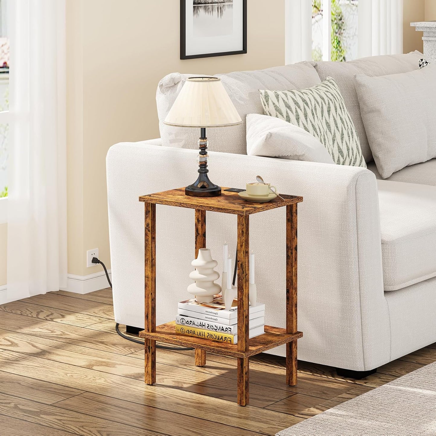 TUTOTAK End Table with Charging Station, Small Side Table with Outlets, Nightstand Bedside Table, 2-Tier Storage Shelf for Small Space, Living Room, Bedroom, Brown TB01BB040C