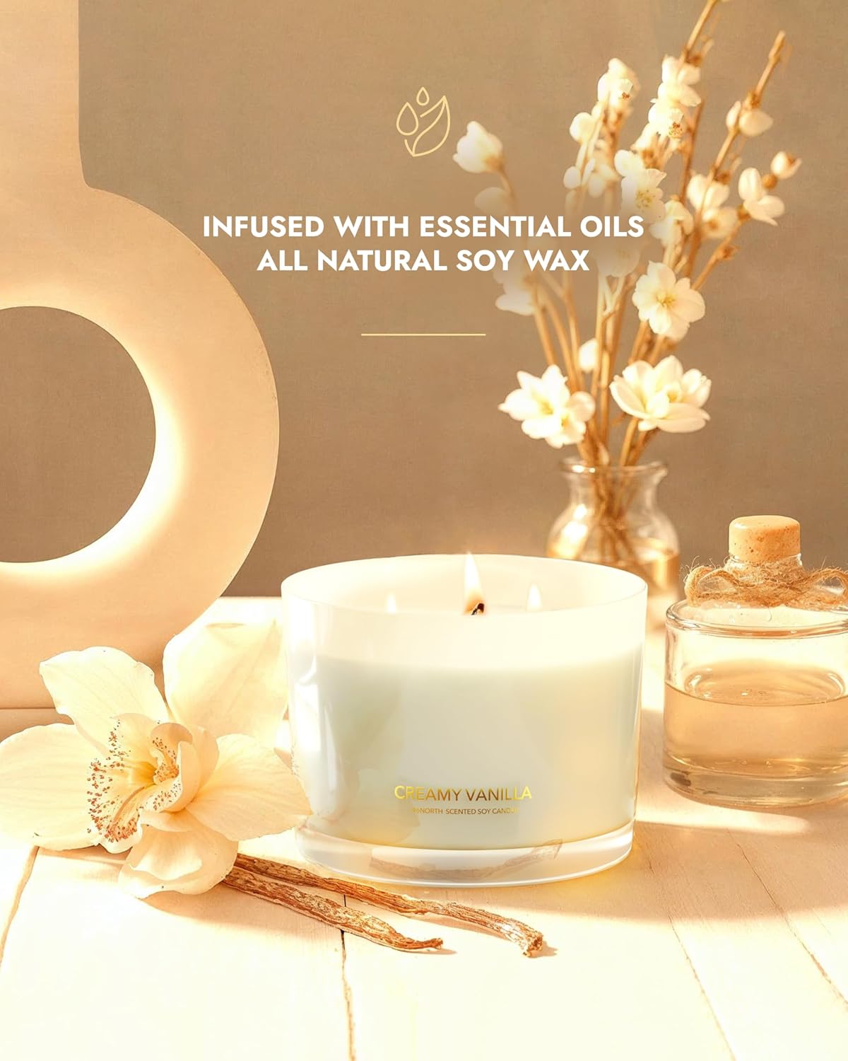 96NORTH Creamy Vanilla Scented Candles | Large 3 Wick Jar Candle | Up to 40 Hours Burning Time | 100% Natural Soy Wax | Relaxing Scented Candle for Home | Gift-Ready Luxury Candle for Men & Women