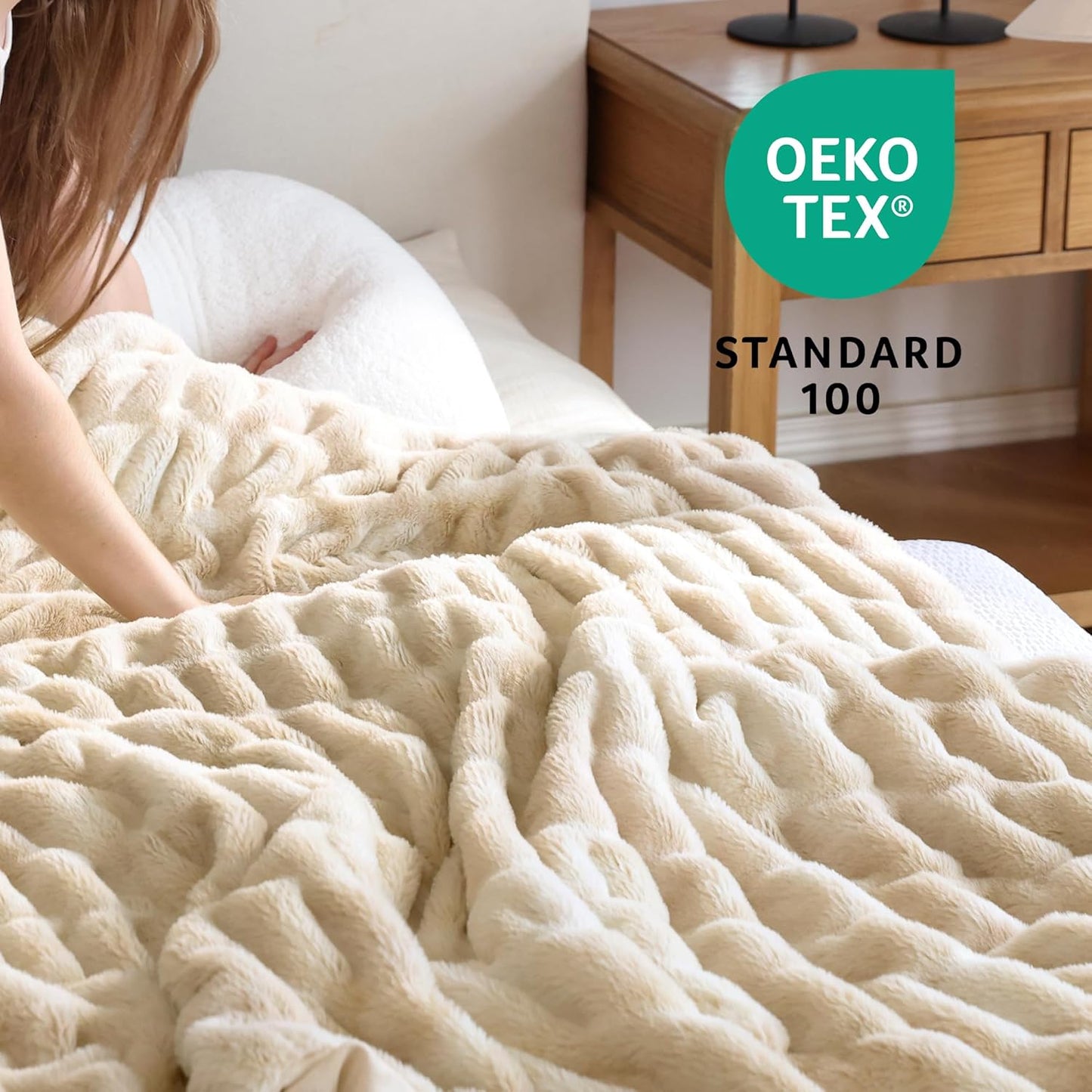 Faux Fur Blanket, Twin Size Oversized Throw Blanket for Couch, Fluffy Blanket with Stretch Ruched Design, Ultra Soft Giftable Home Decor, 60x80 inches, Tie-Dyed in Khaki